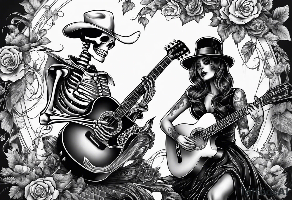 a male skeleton playing guitar while a female skeleton listens tattoo idea