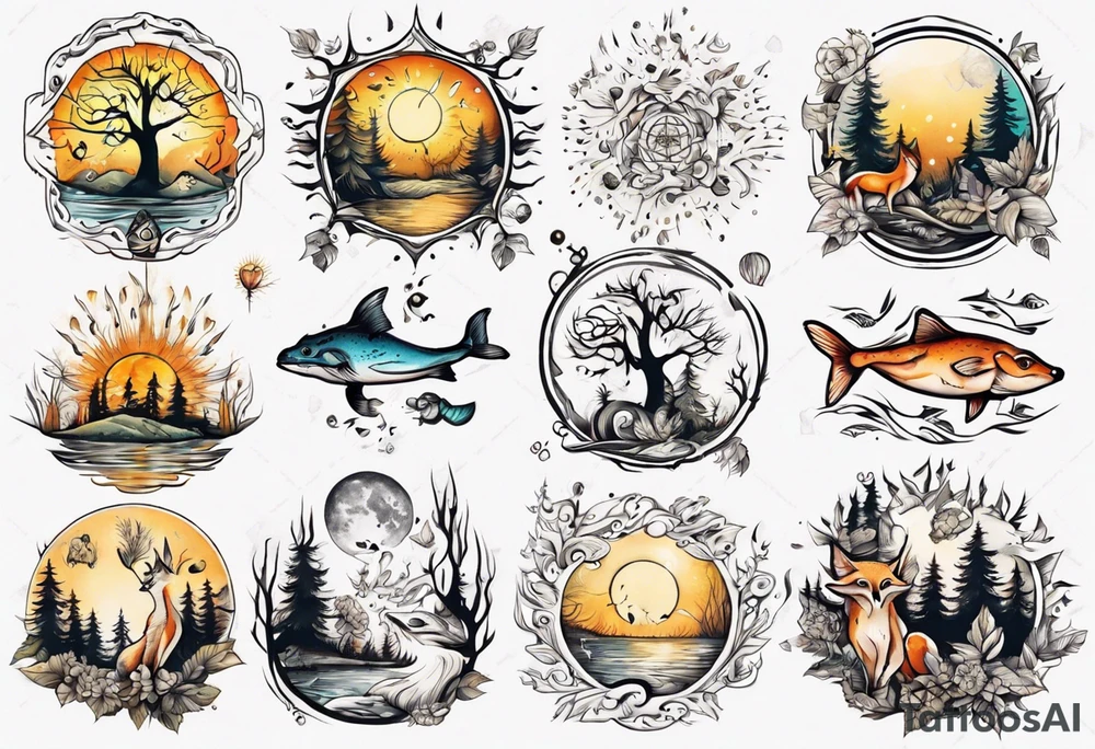 sonne, eule  wald, fuchs 
baum, sapere aude, Wasser, fisch tattoo idea