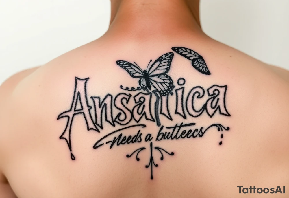 Anastacia in old English mixed with graffiti needs a butterfly or two long beach California vibes tattoo idea