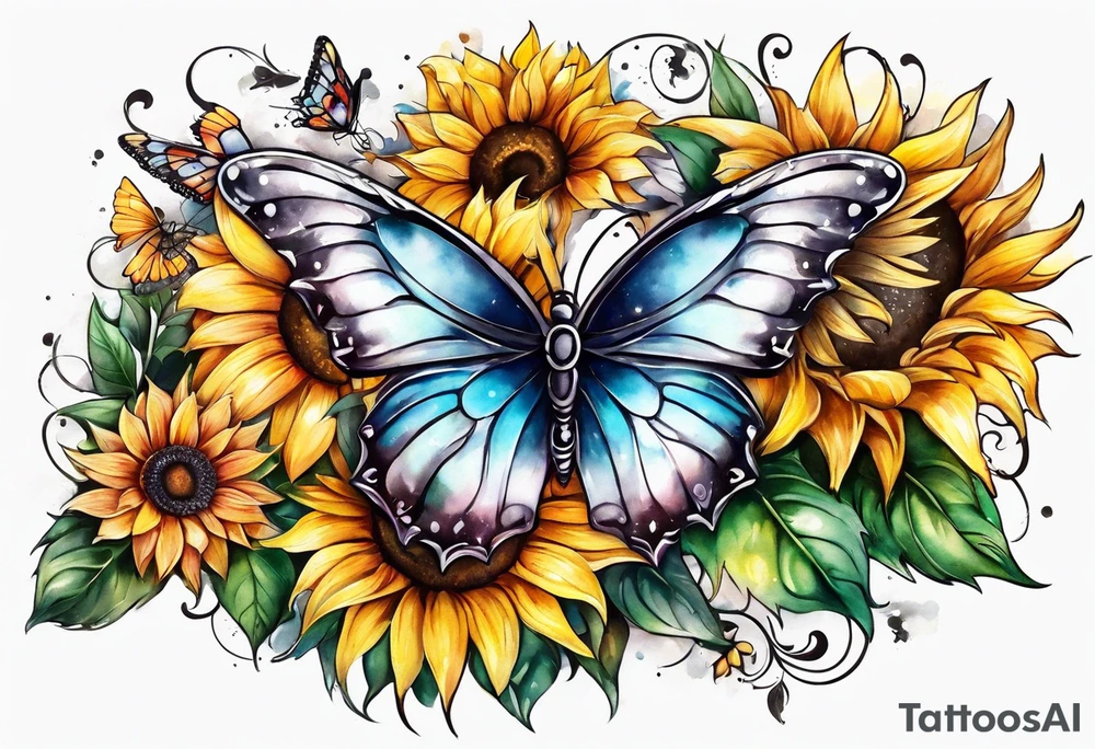 Sleeve with angel wings, sunflower and butterfly tattoo idea