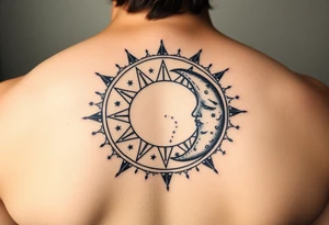 celestial sun and moon embrace with constellation patterns tattoo idea