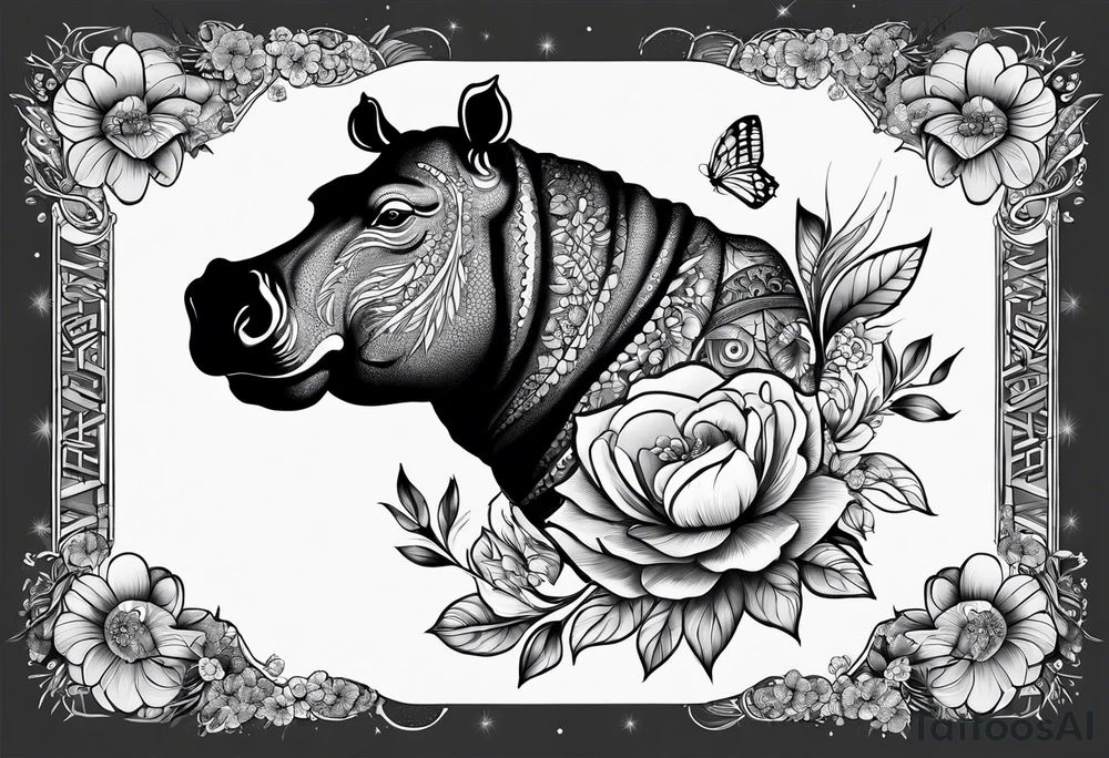 Hippo, flowers, moon, fine lines, tribal, tattoo idea