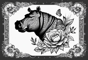Hippo, flowers, moon, fine lines, tribal, tattoo idea