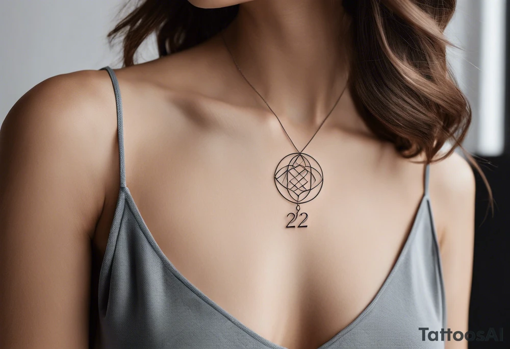 Minimalist tattoo with ultra-thin lines, where the number 22 is the main element, representing luck and eternal love with my girlfriend. The design should be subtle and elegant, with an abstract or geometric detail symbolizing our bond and special connection. Ideally in black and white, with a modern and timeless style, perfect for the forearm, chest, or behind the ear tattoo idea