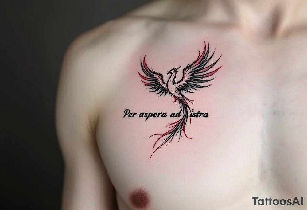 Inked in crimson and charcoal, this tattoo pairs the Latin phrase "Per aspera ad astra" with a rising phoenix, evoking triumph through pain. tattoo idea