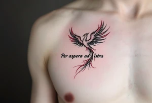 Inked in crimson and charcoal, this tattoo pairs the Latin phrase "Per aspera ad astra" with a rising phoenix, evoking triumph through pain. tattoo idea