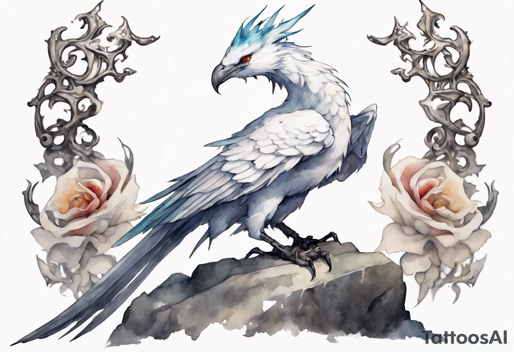 a white bird-wyvern hybrid, wearing a plain iron crown on head, perched on a stone tattoo idea