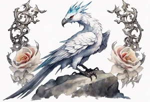 a white bird-wyvern hybrid, wearing a plain iron crown on head, perched on a stone tattoo idea
