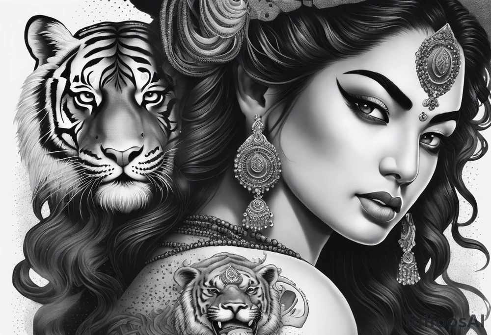 durga goddess, riding a tiger, kali, pirate, pachamama, chest tatoo tattoo idea