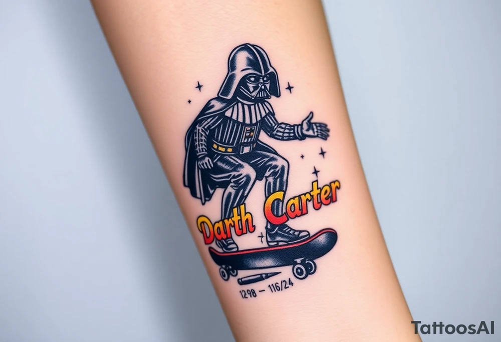 Darth Vader skateboarding > bullets > in loving memory
colorful
skateboard words "Darth Carter"
add date 12/29/88-01/06/24 tattoo idea