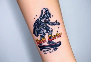 Darth Vader skateboarding > bullets > in loving memory
colorful
skateboard words "Darth Carter"
add date 12/29/88-01/06/24 tattoo idea