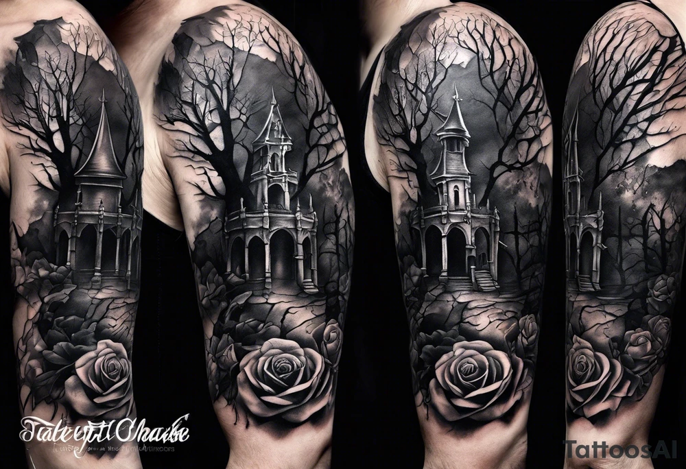 tattoo fool sleeve, destroyed dark gothic castle, tree roots break out of the chains, broken mask, roses tattoo idea