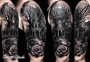 tattoo fool sleeve, destroyed dark gothic castle, tree roots break out of the chains, broken mask, roses tattoo idea