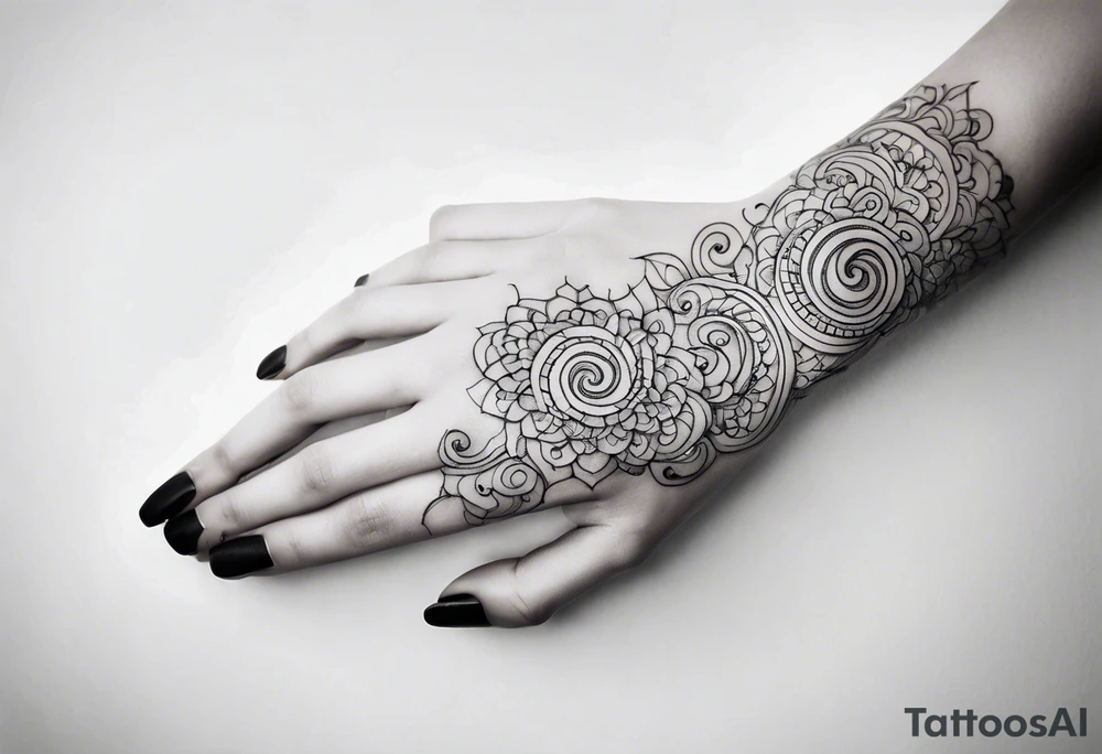 Swirls and whirls of lace covering fingers and forearm tattoo idea