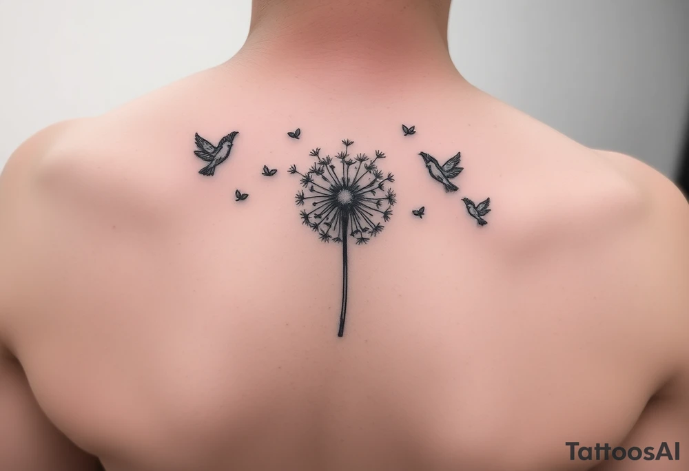 Dandelion tattoo representing motherhood, blowing in the wind giving myself to the next generation. Five birds for my children and two white birds for the children I lost. Whimsical and fine line. tattoo idea