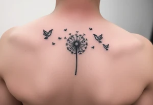 Dandelion tattoo representing motherhood, blowing in the wind giving myself to the next generation. Five birds for my children and two white birds for the children I lost. Whimsical and fine line. tattoo idea