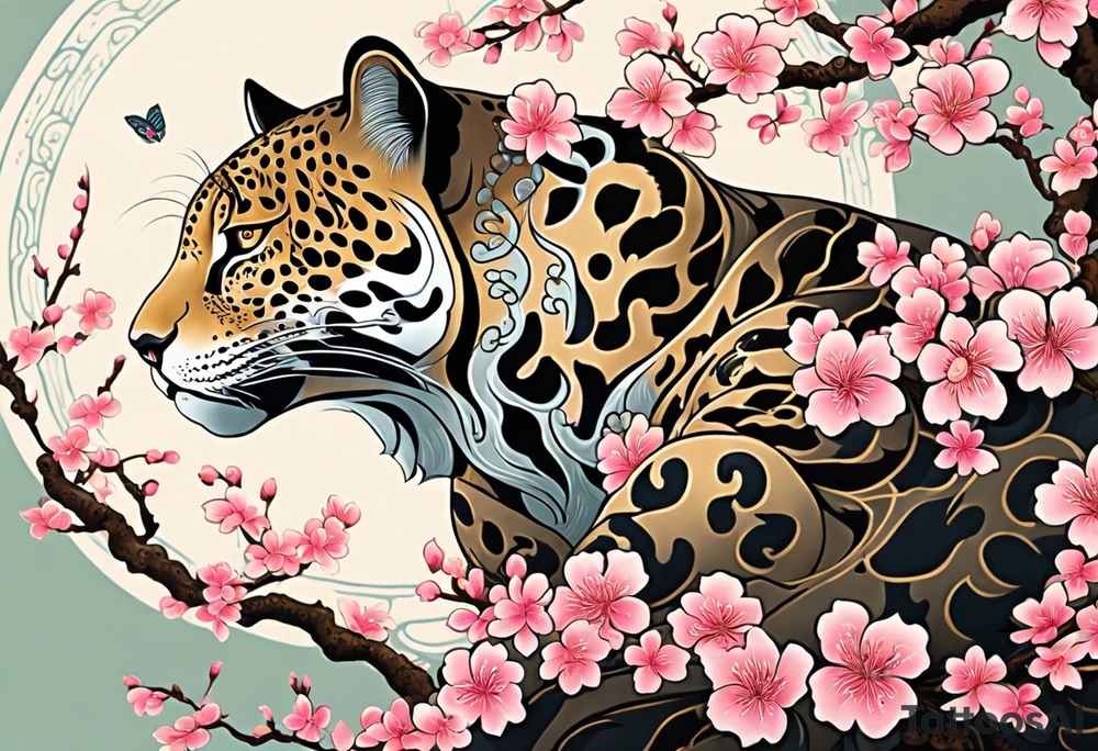 An irezumi style big cat, which looks like the traditional japanese drawing of a big cat. With the colour and pattern of a jaguar on the body of the big cat. It should be climbing upwards, with the head looking to the right. The background is a stylised cherry blossom tree with multiple shades of pink for the blossoms. The colours of the background are not dark, so that the jaguar stands out against the background. tattoo idea