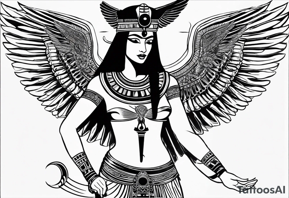blank and white Egyptian goddess Isis, who is often depicted as a woman with outstretched wings, holding an ankh (a symbol of life) in one hand and a lotus flower in the other. Her headdress often includes a throne or a solar disk. The tattoo design can vary in style and size, but it typically aims to capture the essence of this revered Egyptian deity, emphasizing her beauty, power, and maternal qualities. The choice of colors and additional elements can also be customized to create a unique and visually striking representation of the goddess Isis tattoo idea