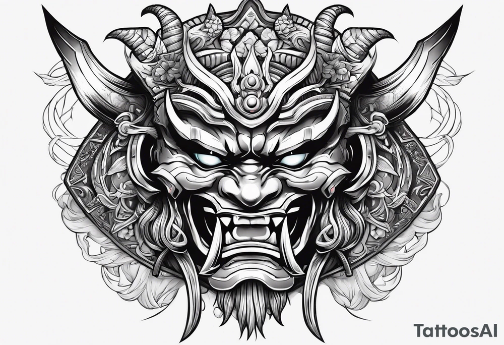 Oni mask with glowing eyes with holding two swords tattoo idea