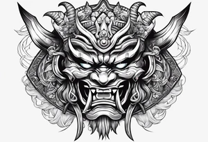 Oni mask with glowing eyes with holding two swords tattoo idea