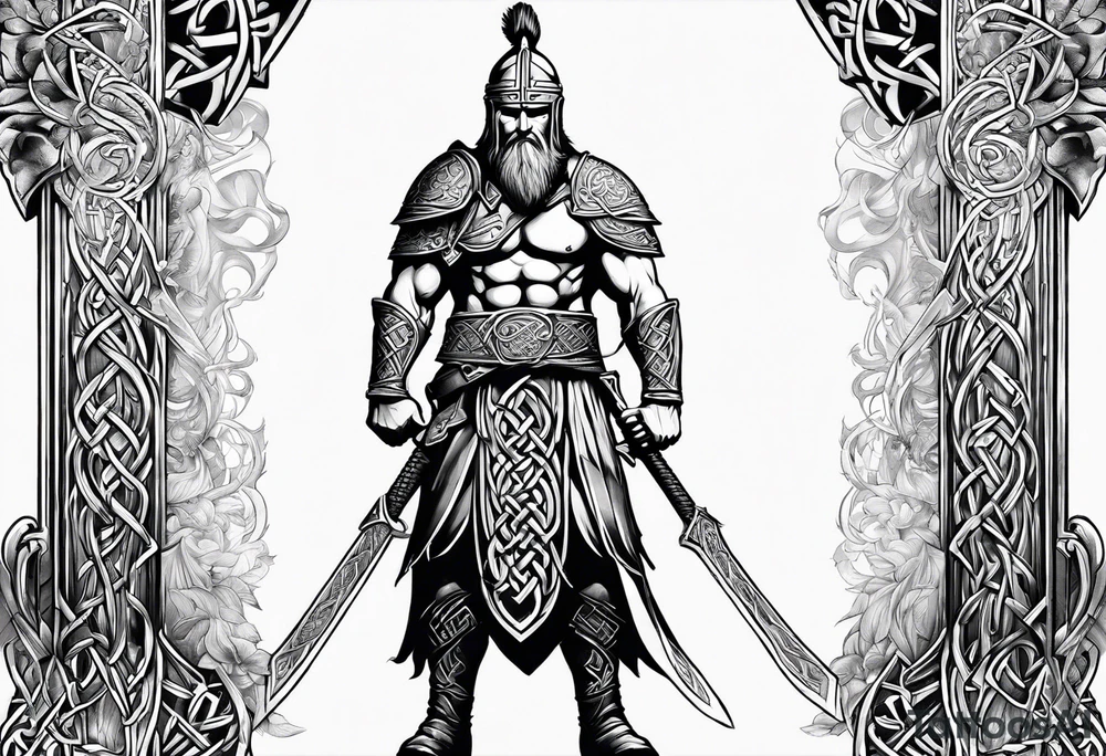 Full body side profile of Celtic warrior with weapons unsheathed tattoo idea