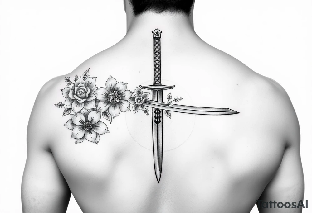 Masculine Japanese sword with flowers around it tattoo idea