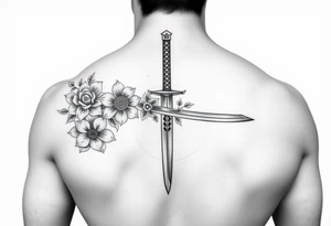 Masculine Japanese sword with flowers around it tattoo idea