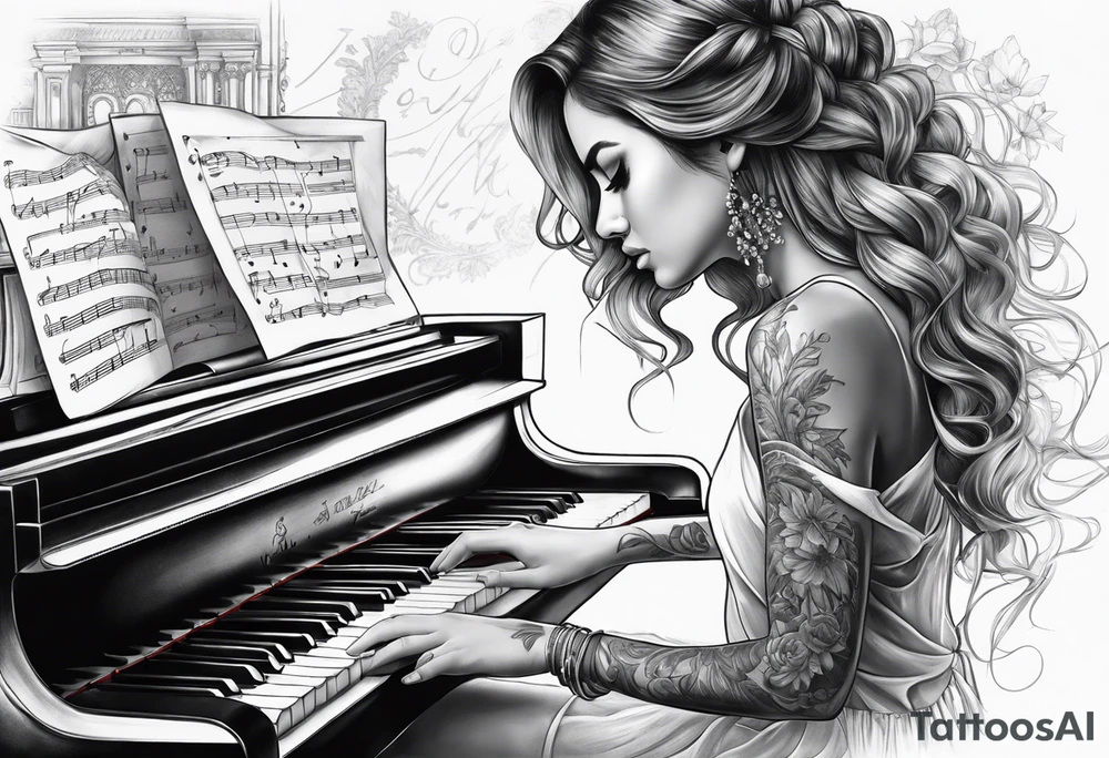 girl playing piano tattoo idea