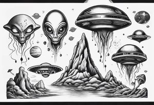 Trippy alien/ufo scene for a leg sleeve tattoo tattoo idea