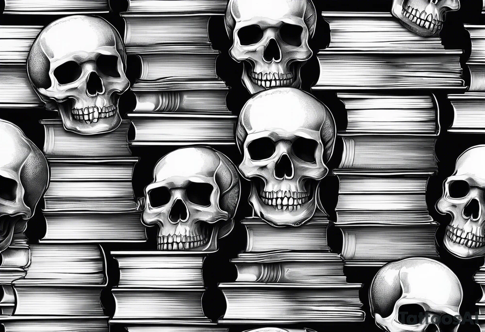 book stacks with skulls tattoo idea