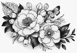 Realistic black and white tattoo with carnations, snowdrops, and bees. Good shadow work around the flowers meant as a forearm sleeve tattoo idea
