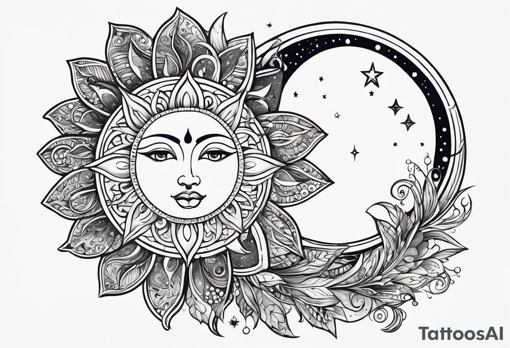 Feminine Sun and moon. long rectangular sternum swirls with dots and stars tattoo idea