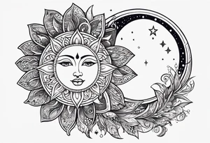 Feminine Sun and moon. long rectangular sternum swirls with dots and stars tattoo idea