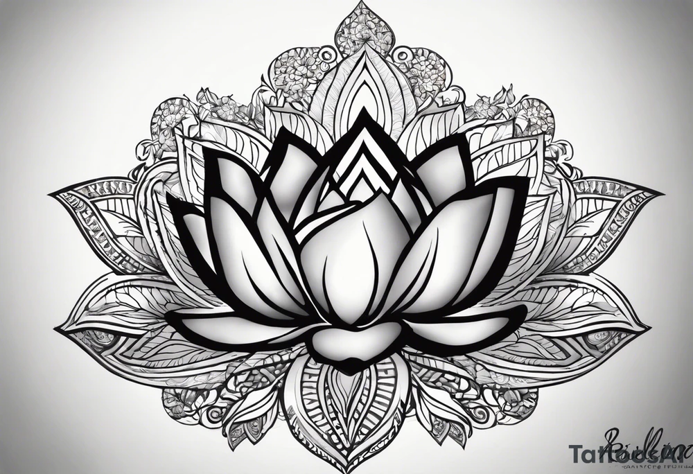 Make a strong looking combination of a  lotus flower, stone, a science helix and a Greek delta that will take up the upper left portion of my back. you will see within the lotus’s leaves should a rocky area to symbolize strength, a helix to symbolize resiliency and a Greek delta to symbolize transformation. The tattoo should overall represent resiliency and strength and present a strong, firm foundation that displays strength in the face of trauma. Make sure to also be able to identify the rock, the helix and the delta symbol separately and not mixed together tattoo idea