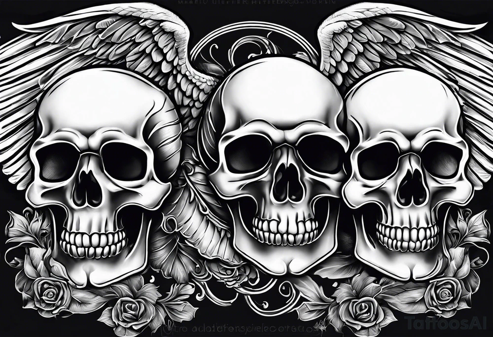 See no evil hear no evil speak no evil  skulls go down the back with angel wings wrapped around the skulls tattoo idea