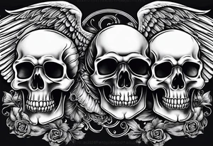 See no evil hear no evil speak no evil  skulls go down the back with angel wings wrapped around the skulls tattoo idea