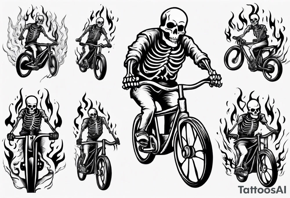 Skeleton riding a bike with flames tattoo idea