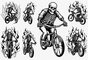 Skeleton riding a bike with flames tattoo idea