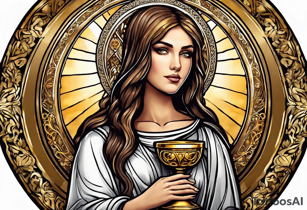 woman saint holding chalice surrounded by golden halo tattoo idea
