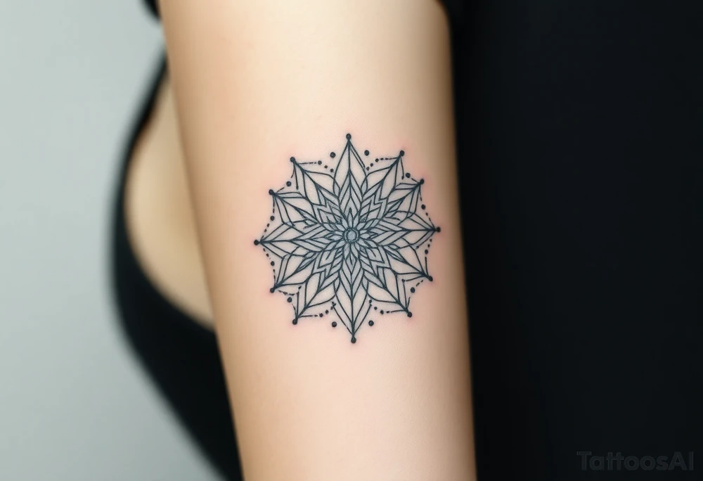 simple, fine-line tattoo, sacred geometry mandala, centerpiece design, dotwork patterns, radiating geometry, symmetrical mandala, geometric shapes, intricate dotwork, sacred patterns, mandala center, geometric radiating, fine line work, black grey shading, minimalist design, no outlines, arm placement, delicate linework, precise geometry, clean symmetry, sacred symbols, geometric precision, dotwork details, mandala focal point, refined patterns, understated complexity, geometric harmony tattoo idea