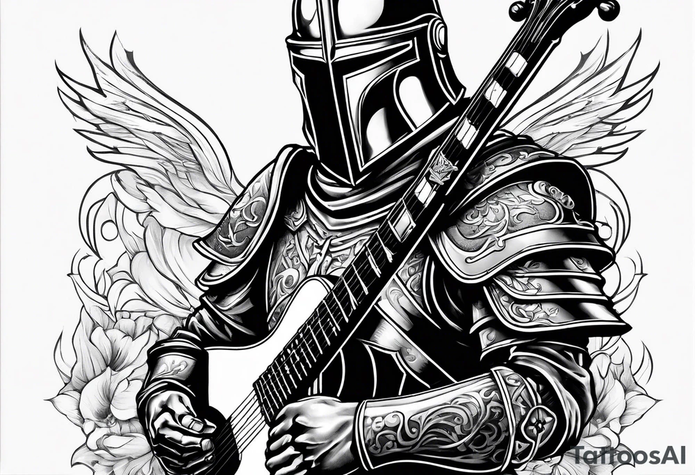 Armor of God knight holding sword and acoustic 
guitar tattoo idea