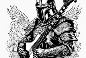 Armor of God knight holding sword and acoustic 
guitar tattoo idea
