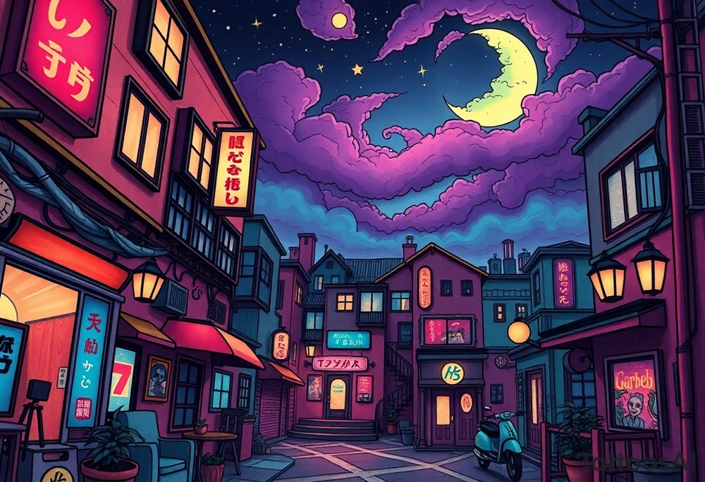 Tim Burton’s haunted pastel Tokyo apartment from the street view is littered in neon signs and dripping with muted reds, dusty pinks, and eerie green glow.purple and cyan smokey clouds swirl in the crescent moonlit sky thats sprinkled with stars tattoo idea tattoo idea