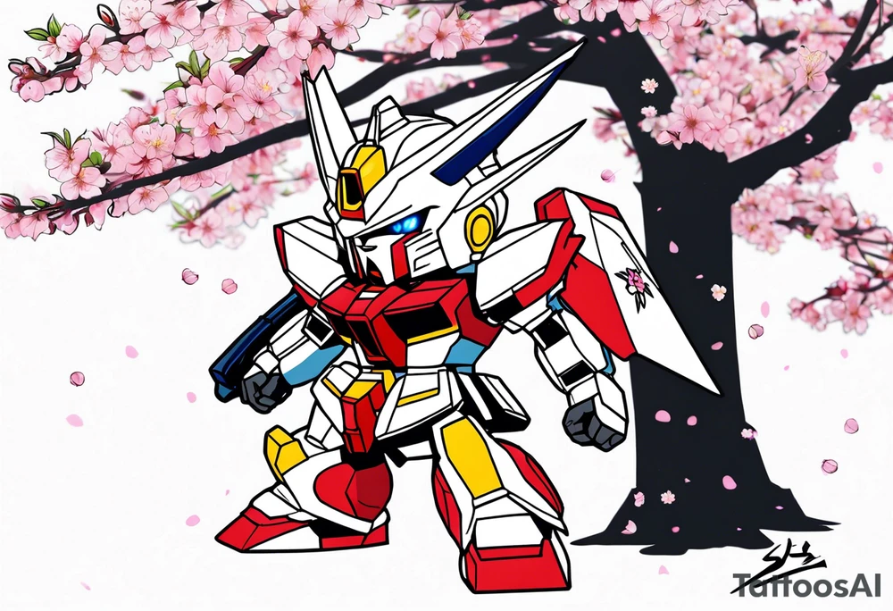 SD gundam surrounded by cherry blossoms tattoo idea