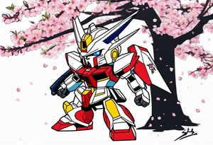 SD gundam surrounded by cherry blossoms tattoo idea