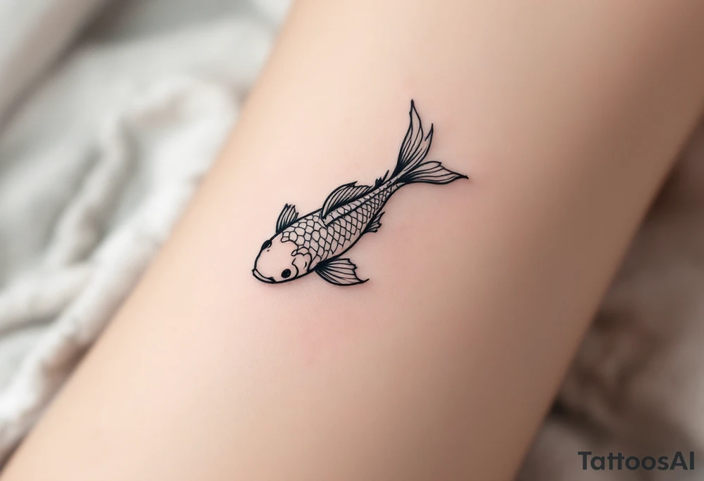 Delicate tiny fish tattoo — a single, 2 cm‑long koi silhouette swimming upward, inked in soft charcoal gray with a subtle watercolor wash of muted coral along the fins and a whisper of pale teal on the tail, conveying quiet resilience and flow. tattoo idea