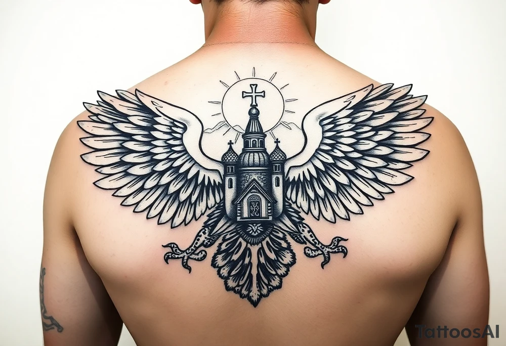 an actual russian coat of arms with the eagles wings spanning out on my back neck across my shoulders / traps with a orthodox christian church being visible in a mountainous sun beaming setting, with the russian orthodox cross spire of the orthodox church being visible on my neck with a sun beaming in the background that the cross sits inside tattoo idea