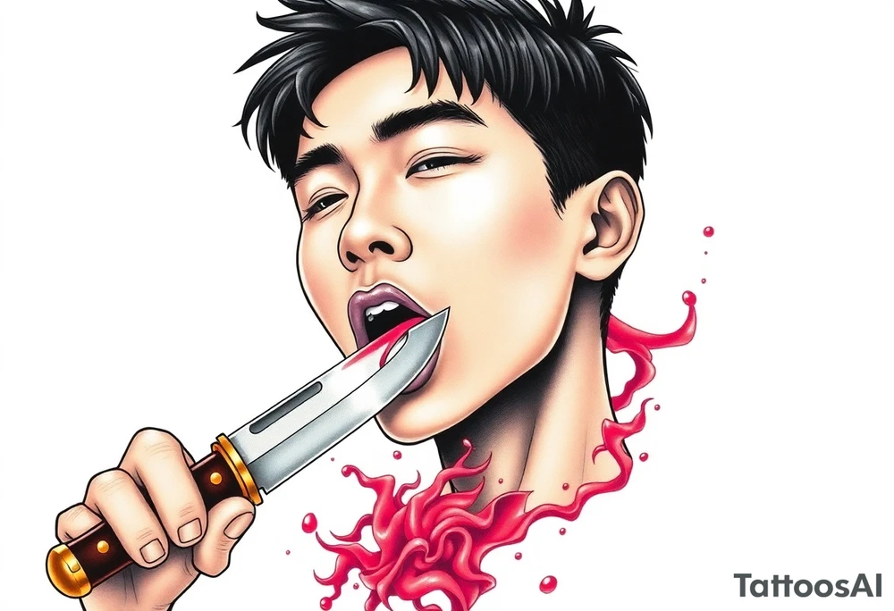 Handsome Asian young guy is licking a ritual knife tattoo idea