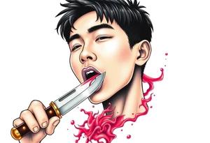 Handsome Asian young guy is licking a ritual knife tattoo idea