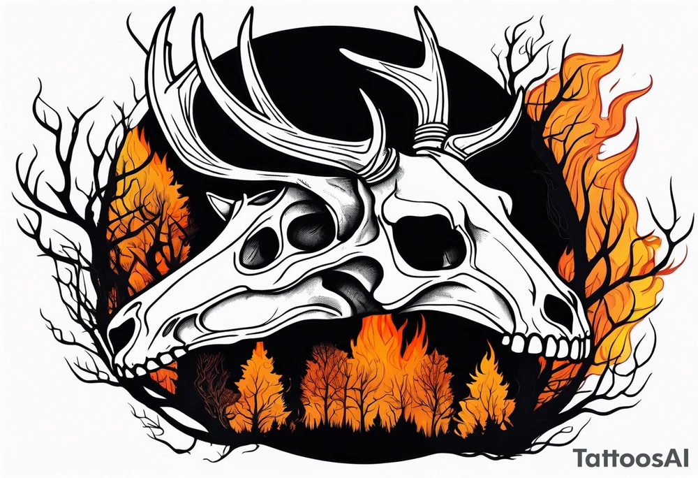 Halloween side view of a DECAYING deer skull JUST BONE surrounded by a flames and trees in background tattoo idea